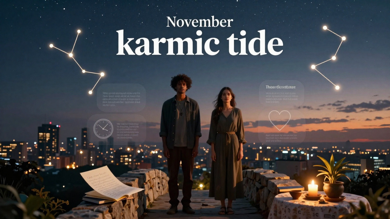 Casal em terraço à noite com cidade iluminada e constelações desenhadas no céu estrelado.
