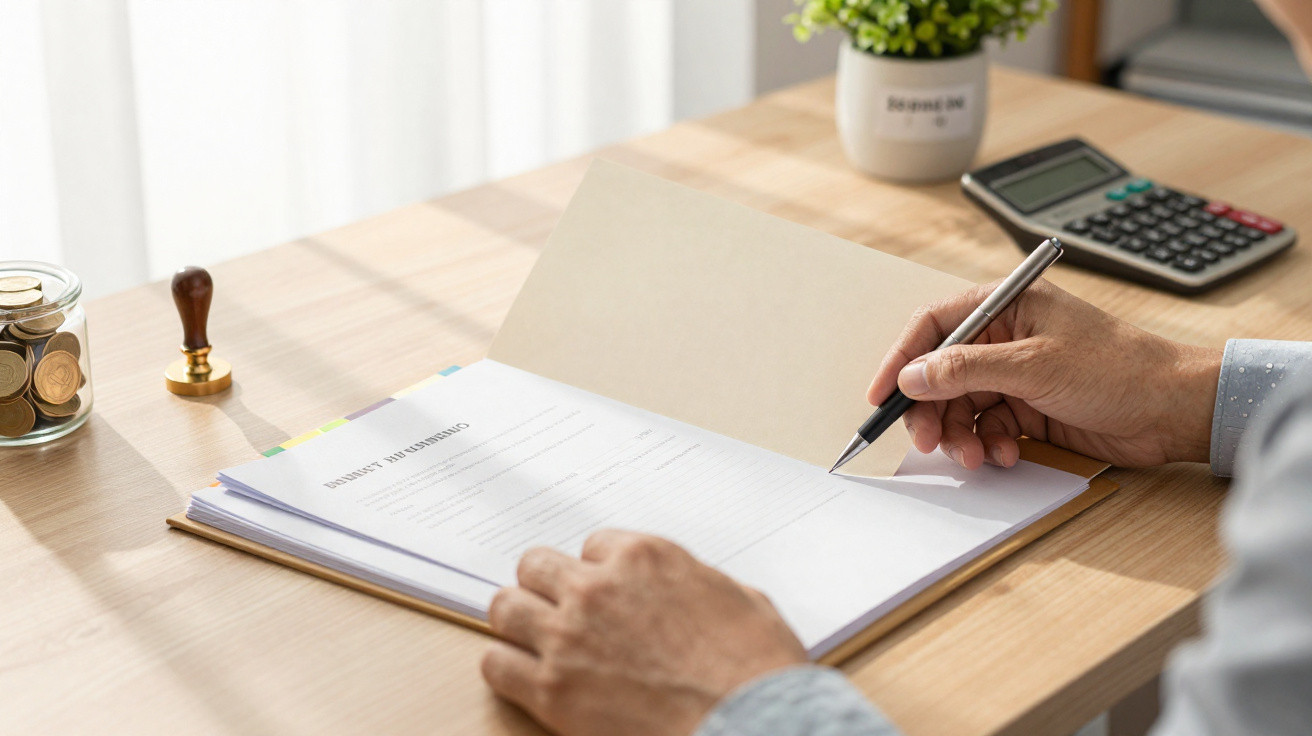 Mãos a preencher e assinar um contrato numa secretária com calculadora, planta e jarro com moedas.