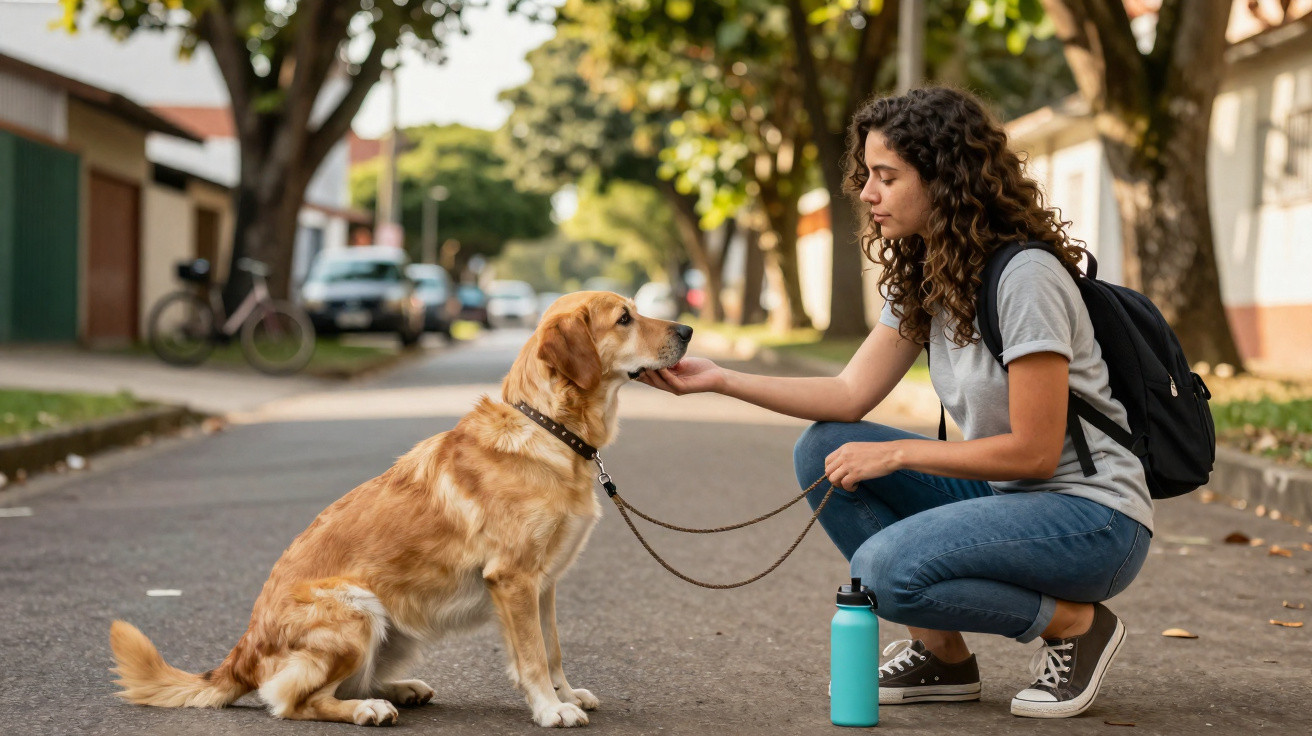 Mulher de cabelo encaracolado agacha na rua a acariciar um cão de pelo dourado com trela.