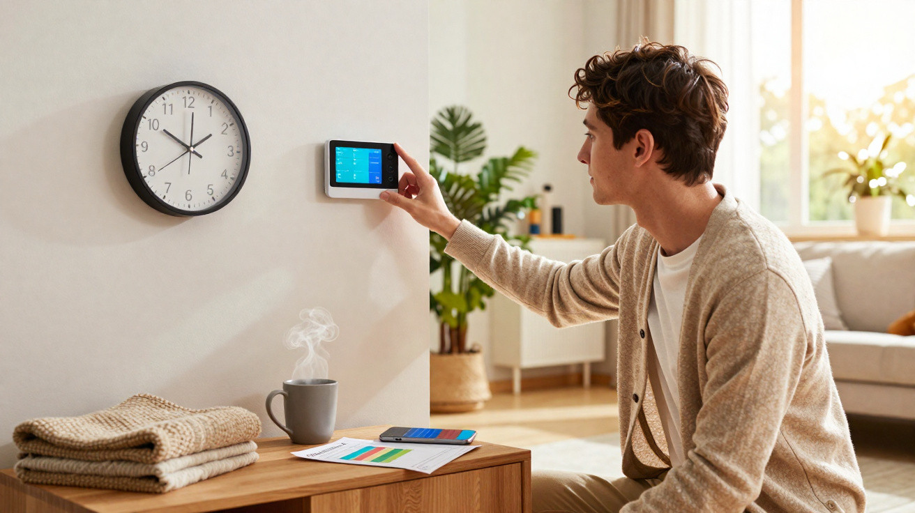 Homem ajusta termóstato inteligente numa sala luminosa com relógio, plantas e mesa com documentos e café quente.