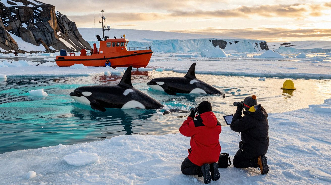 Duas pessoas fotografam duas orcas na água gelada perto de um barco laranja em paisagem polar com gelo e montanhas.