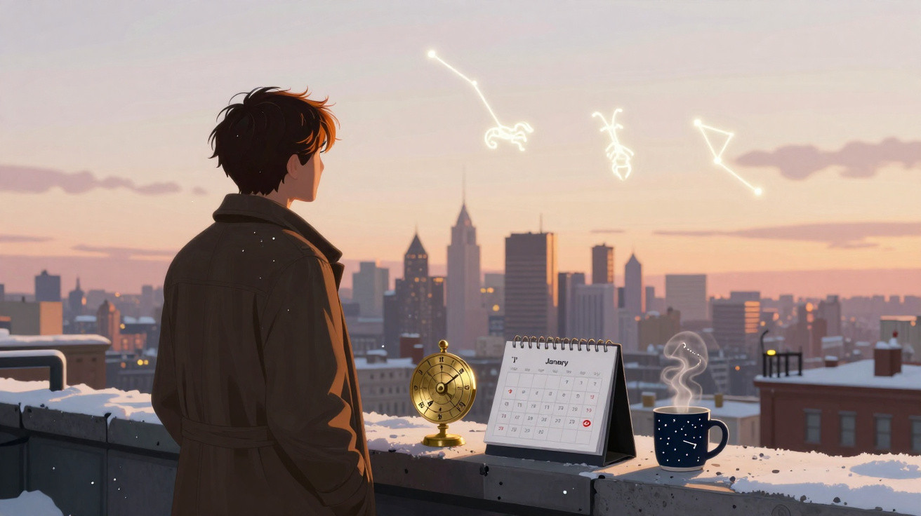 Jovem contempla cidade ao pôr do sol, com constelações no céu, calendário e chá numa varanda com neve.