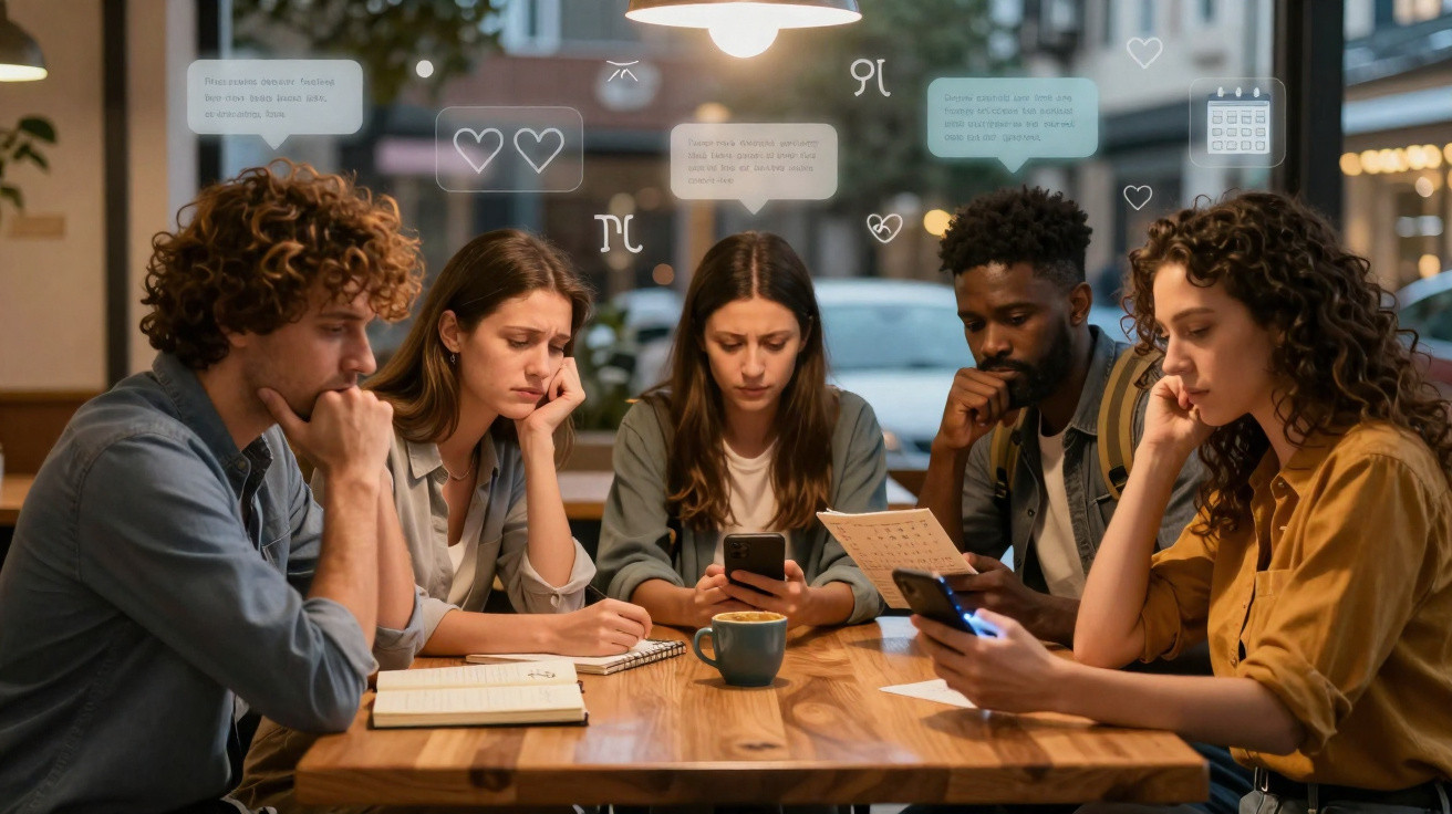 Grupo de cinco jovens sentados numa mesa de café, focados em telemóveis e anotações, com ícones flutuantes.