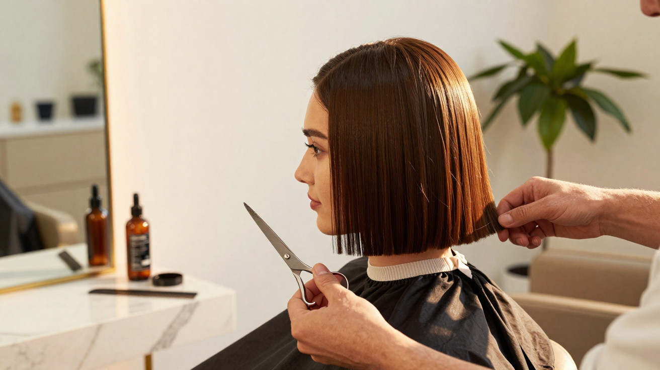 Mulher com cabelo castanho curto a receber corte de cabelo num salão de beleza moderno.
