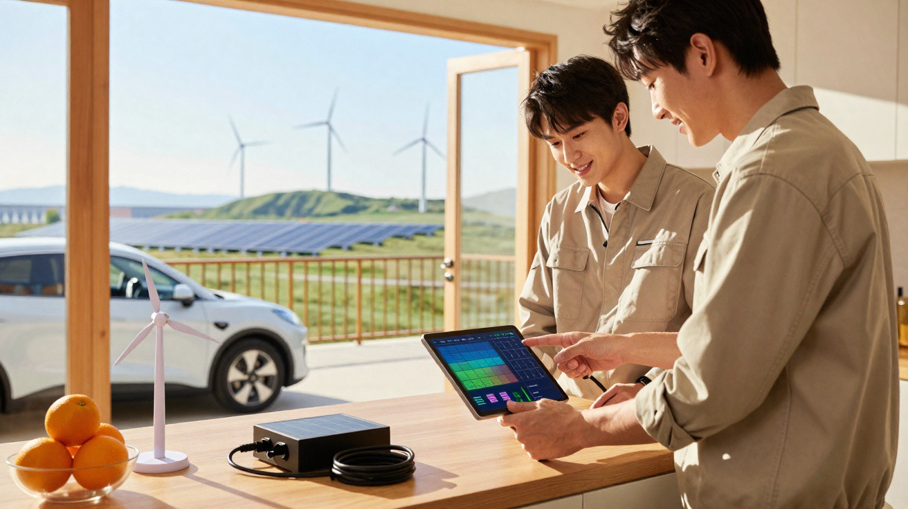 Dois homens analisam dados solares e eólicos numa tablet, com turbinas e painel solar ao fundo.