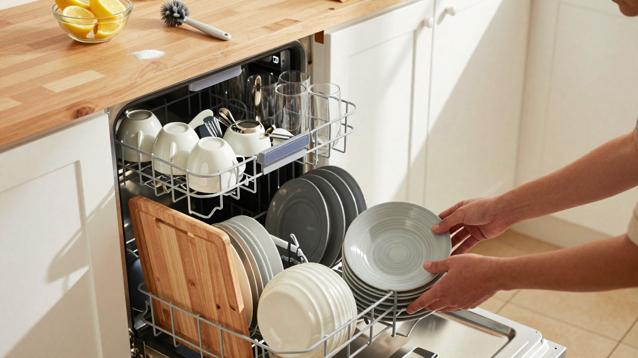 Máquina de lavar loiça aberta com prato a ser guardado numa cozinha luminosa e moderna.