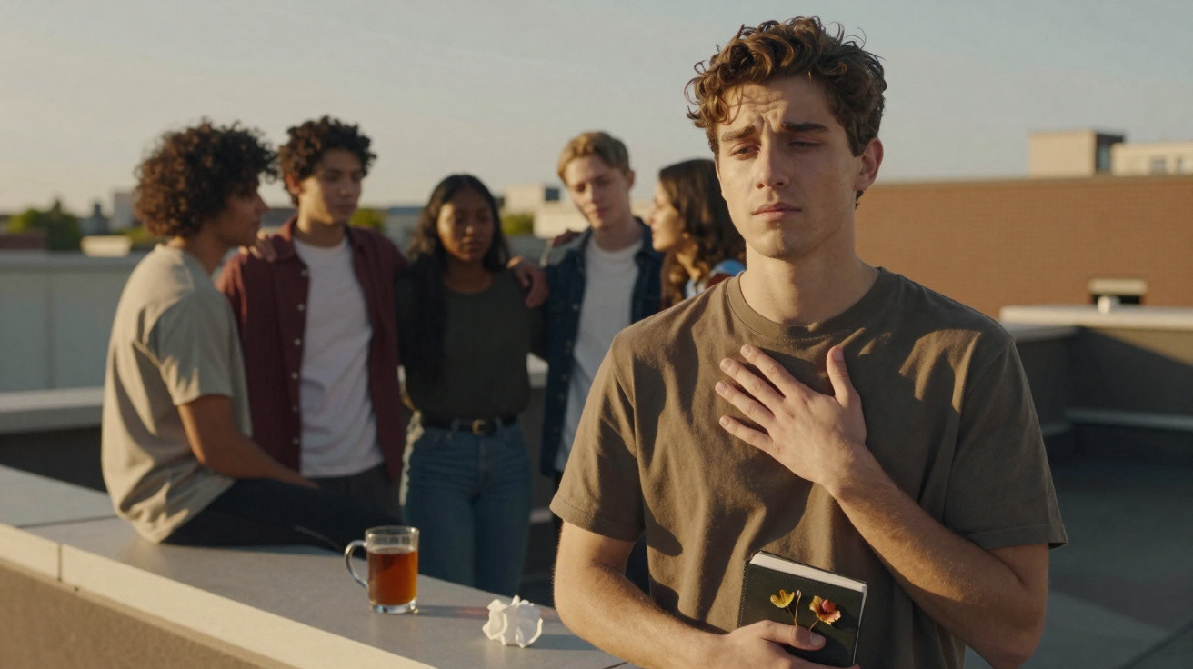 Jovem triste segura um caderno enquanto grupo ao fundo conversa num terraço ao pôr do sol.