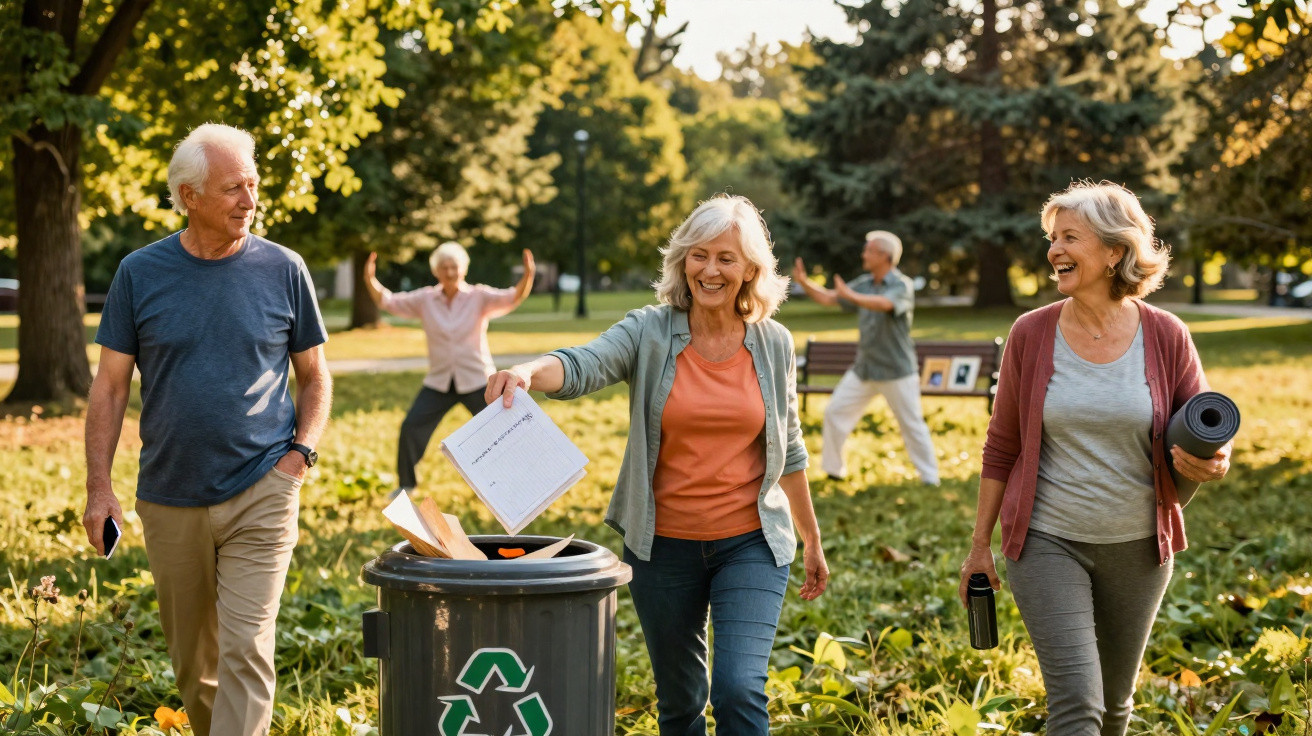 Grupo de idosos a reciclar e a praticar exercício ao ar livre num parque ensolarado.