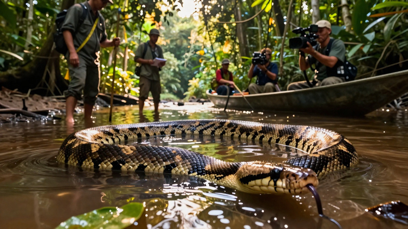 Cobra grande a nadar em rio raso com quatro homens a observá-la numa canoa e na margem.