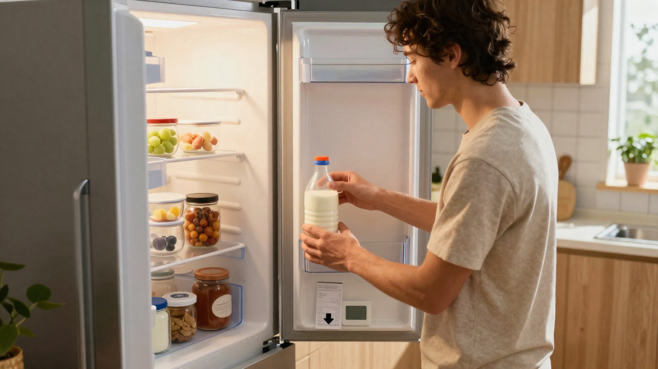 Homem a retirar um garrafa de leite do frigorífico aberto numa cozinha luminosa.