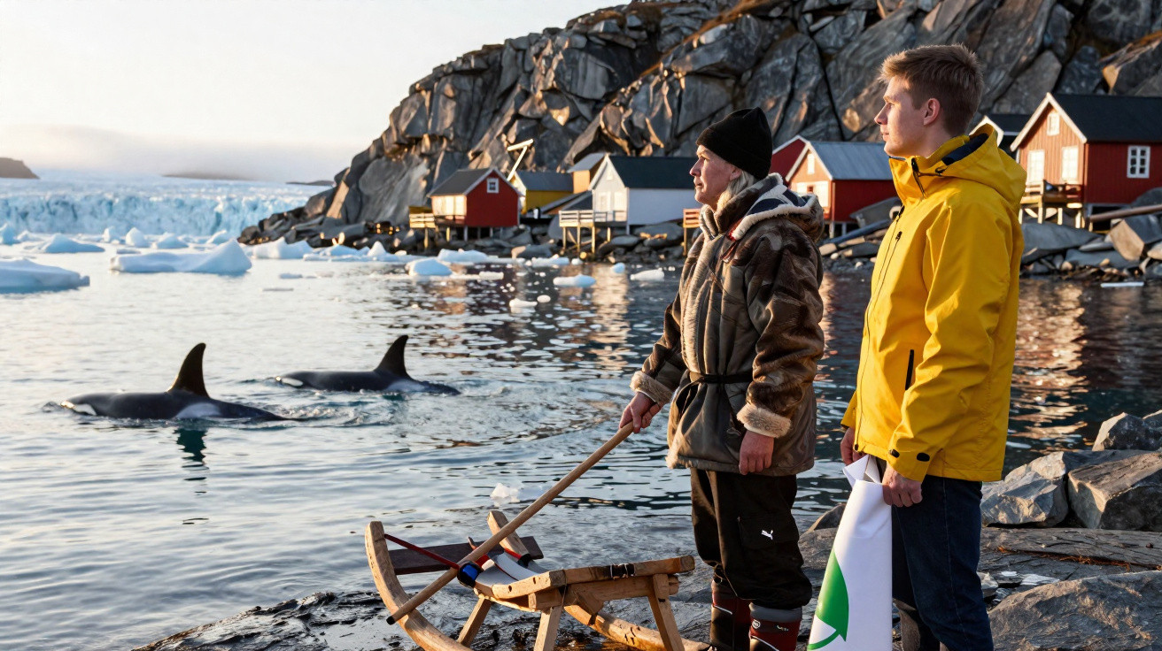 Duas pessoas com roupa de frio observam orcas no mar junto a casas vermelhas e rochas no inverno.