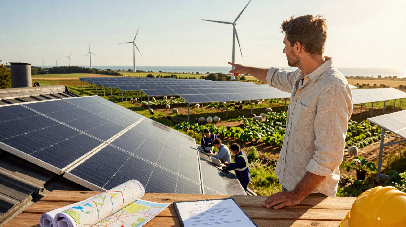 Homem aponta para turbinas eólicas numa exploração agrícola com painéis solares e trabalhadores no terreno.