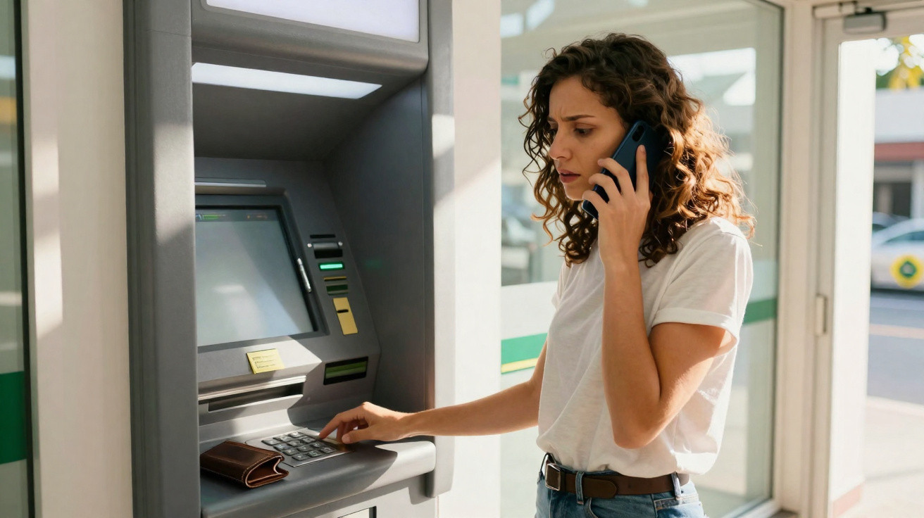 Mulher usa multibanco enquanto fala ao telemóvel, com carteira pousada na máquina.