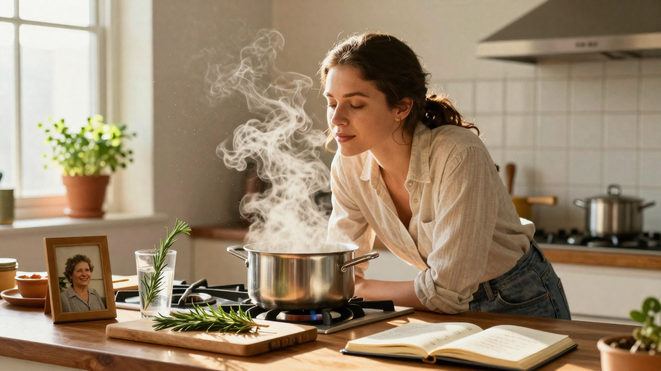 Mulher cheira o vapor de panela a ferver na cozinha, com livro aberto e ervas aromáticas na bancada.