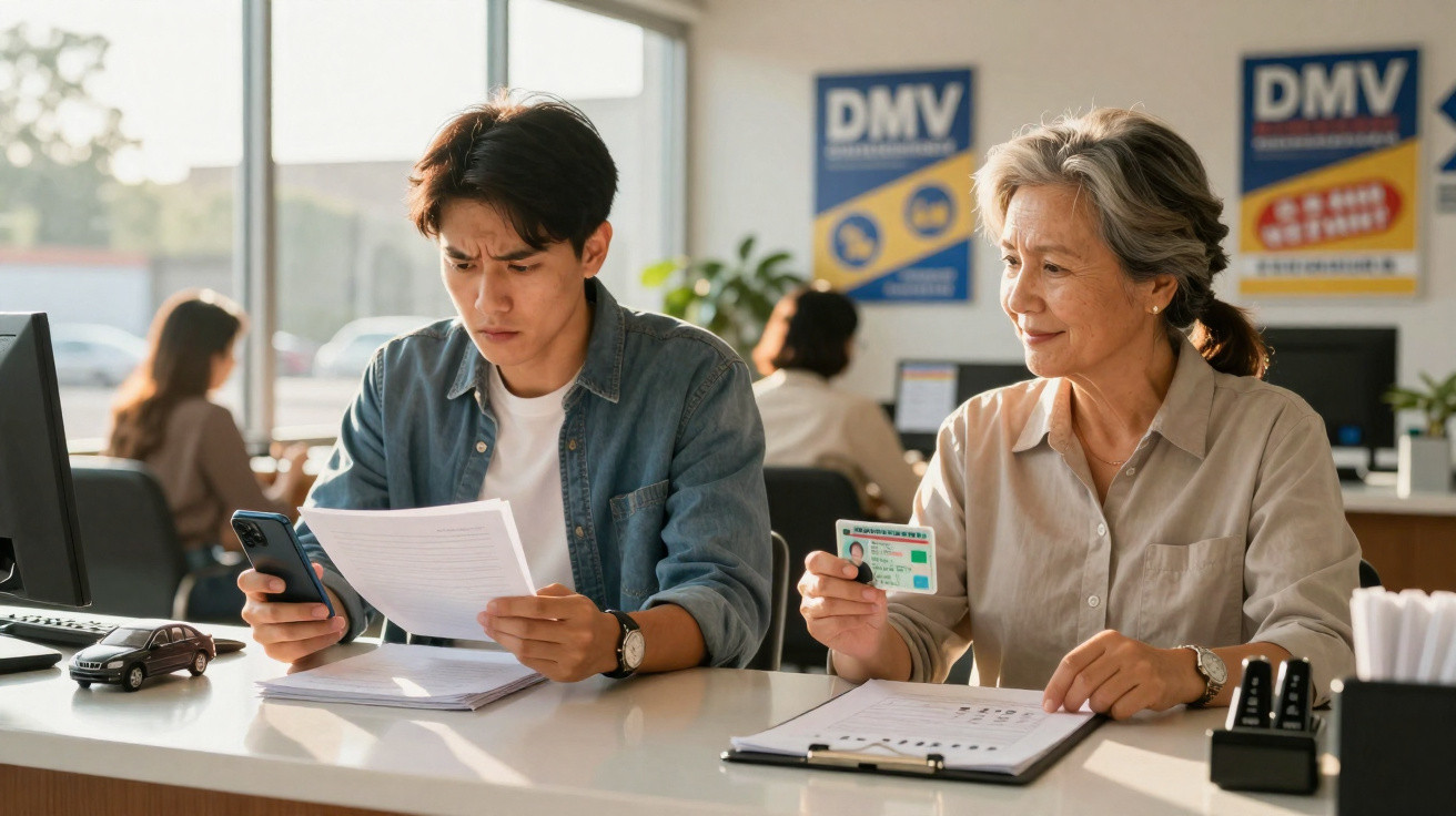 Jovem e mulher sénior num balcão do DMV a tratar documentos e carta de condução.