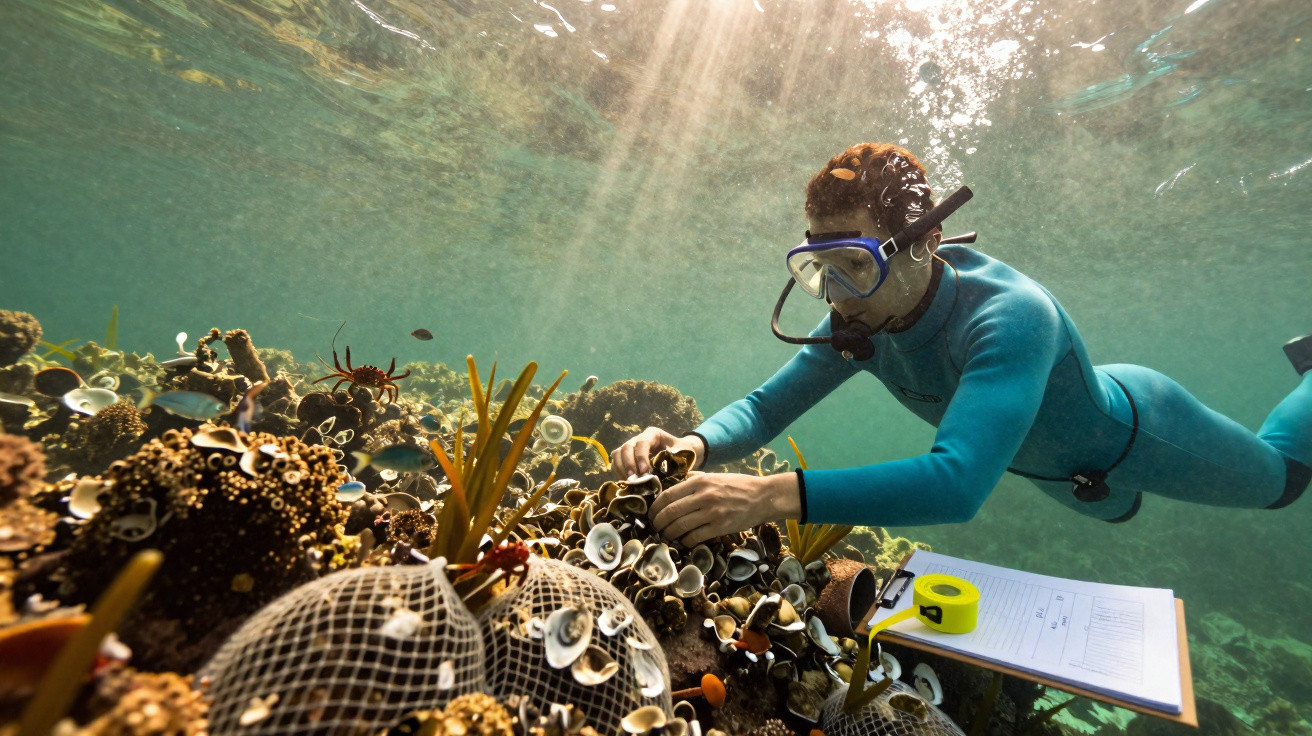 Mergulhador em fato azul a estudar e recolher conchas marinhas num recife subaquático.