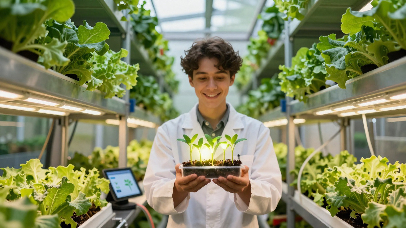 Jovem cientista em estufa segura bandeja com plantas jovens crescendo em ambiente controlado e iluminado.