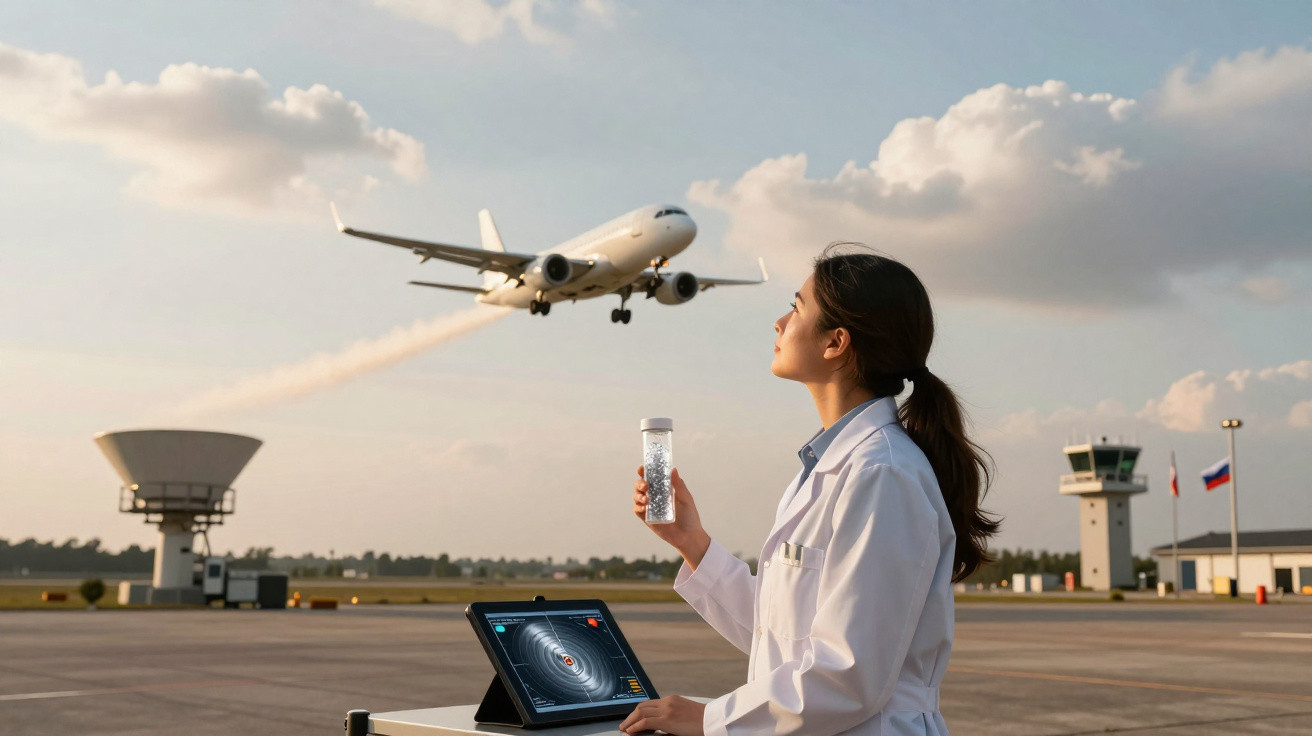 Mulher cientista com bata branca observa avião a levantar voo num aeroporto ao entardecer.