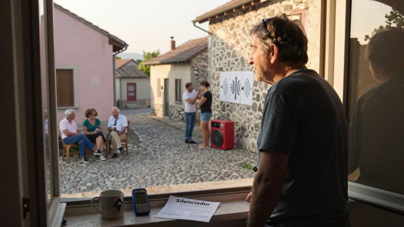 Homem observa rua com pessoas sentadas e em pé, em aldeia com casas de pedra e calçada de pedras.