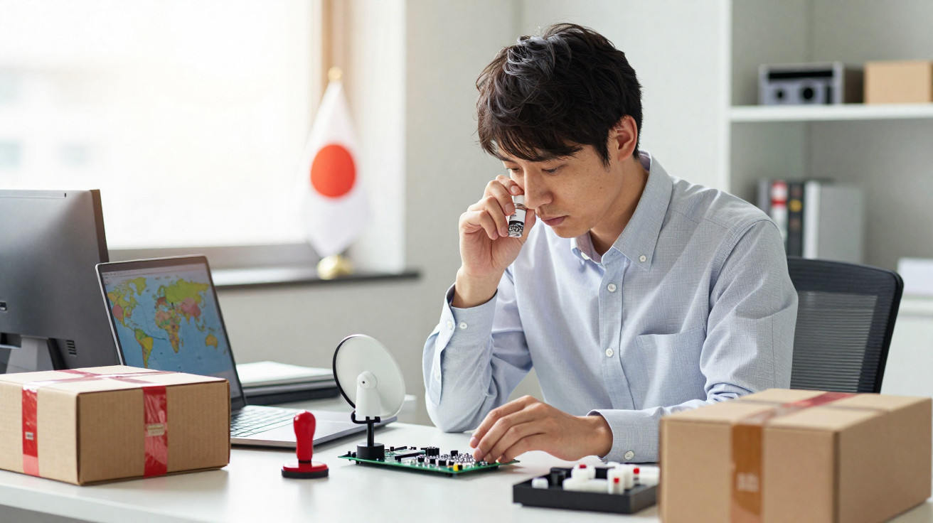 Homem examina componente eletrônico com lupa em escritório com bandeira do Japão ao fundo.