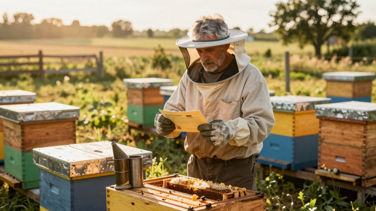 Apicultor com roupa de proteção a ler instruções junto a colmeias num campo ao pôr do sol.