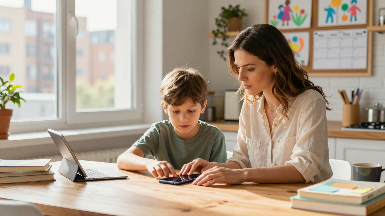 Mulher e menino sentados à mesa a usar uma calculadora, com computador e livros numa cozinha iluminada.