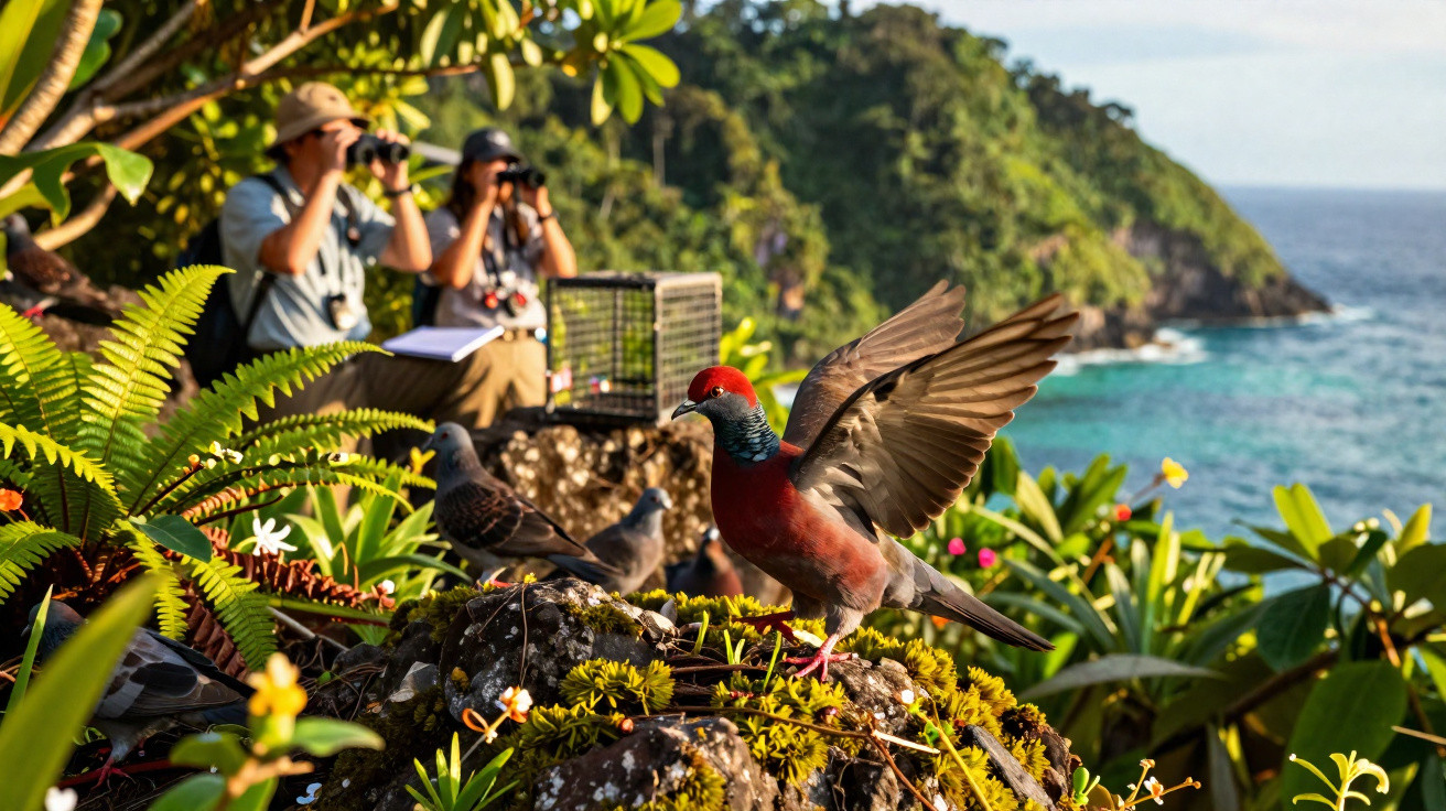 Dois observadores a observar aves com binóculos num ambiente tropical junto ao mar, com pombos em primeiro plano.