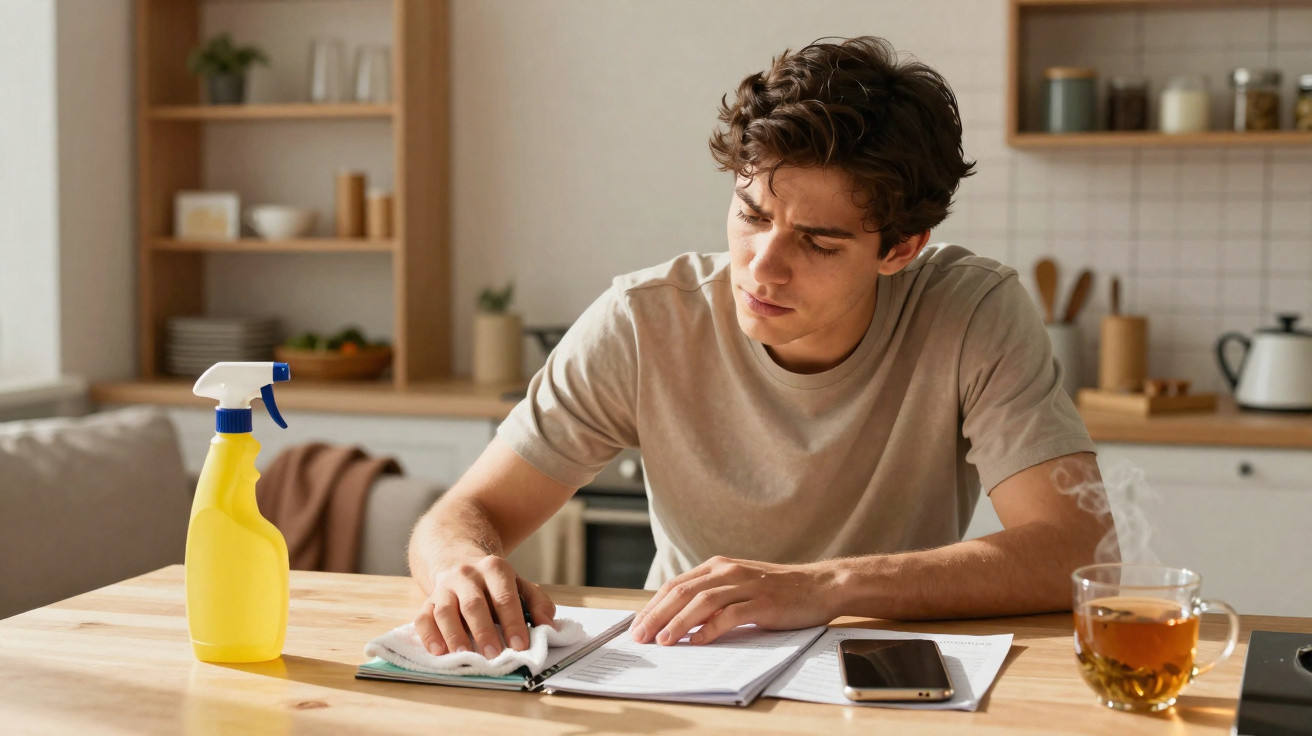 Jovem sentado numa cozinha, a limpar um caderno com um pano, com chá e telemóvel na mesa.
