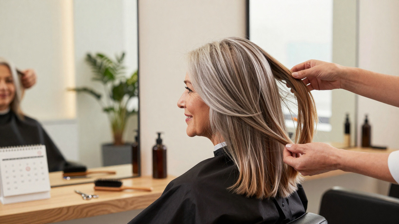 Mulher com cabelo grisalho médio sendo penteada num salão de cabeleireiro, sorriso suave e ambiente moderno.