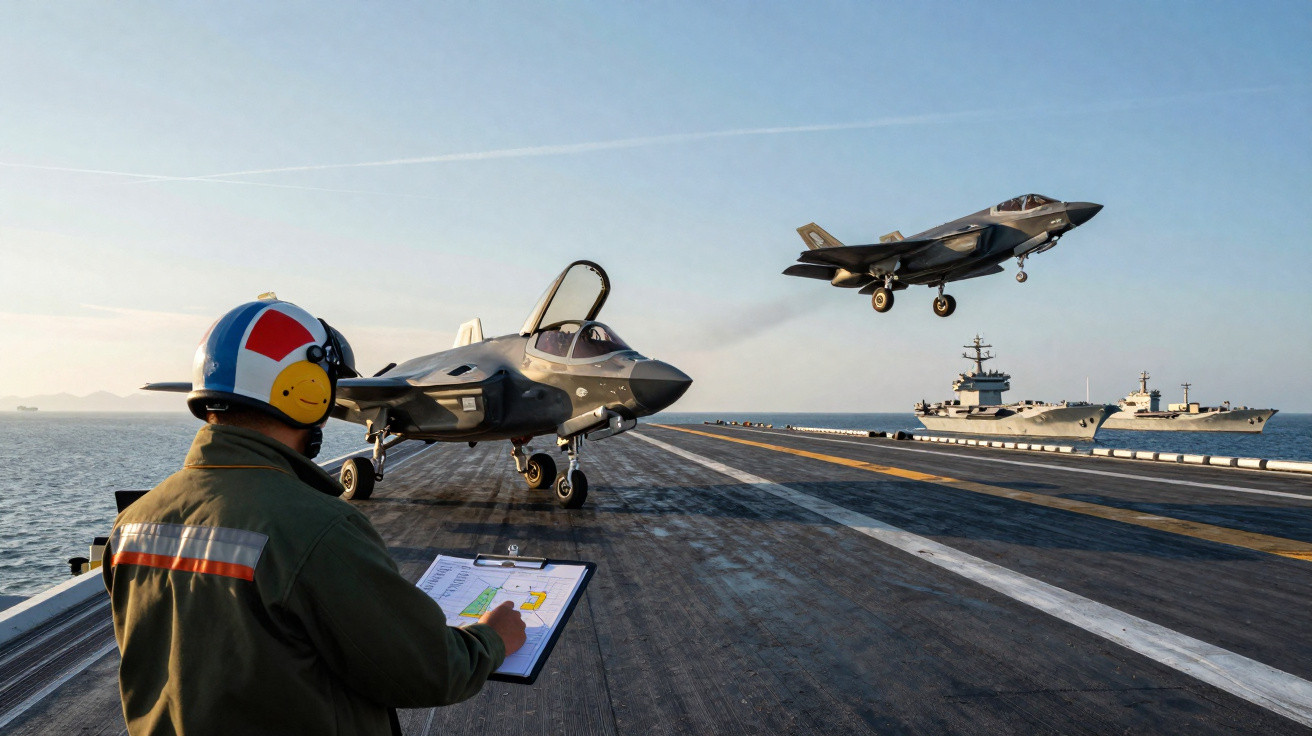 Militar com capacete a controlar descolagem de dois caças F-35 num porta-aviões no mar.