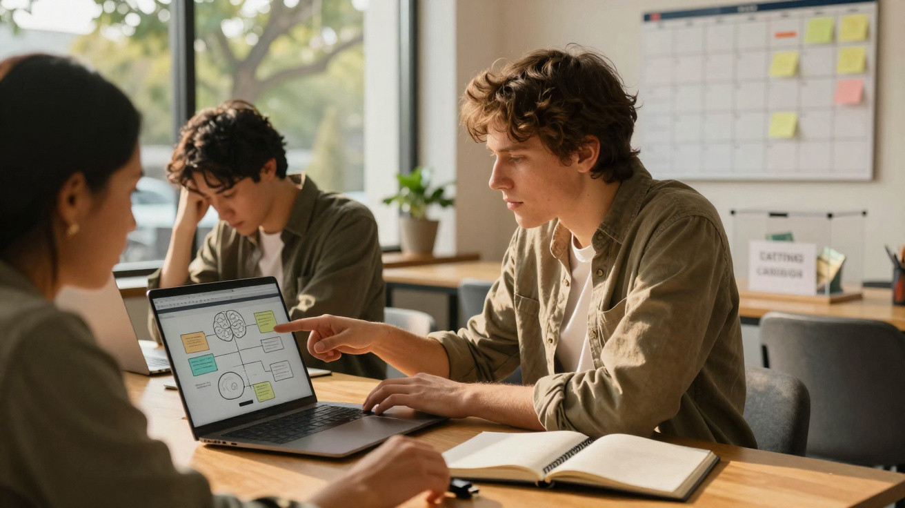 Jovens estudantes a colaborar num projeto, um a mostrar ideias num computador portátil e cadernos na mesa.