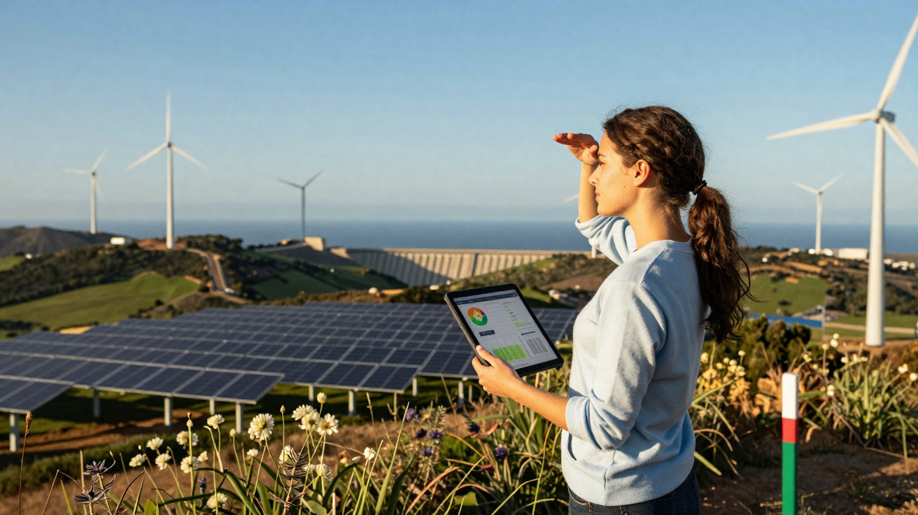 Mulher com tablet na mão observa parque solar e eólico num campo com flores sob céu limpo.