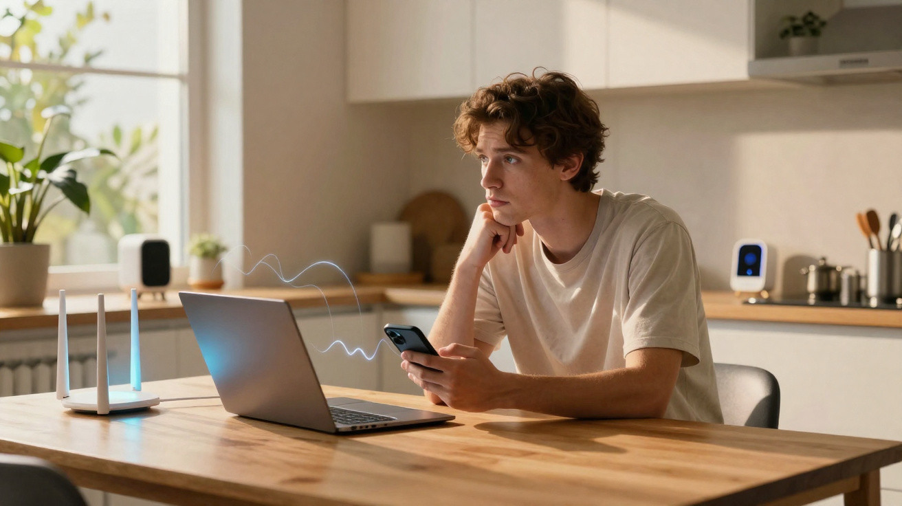 Jovem sentado numa cozinha a usar smartphone e portátil, com router colocado numa mesa de madeira.
