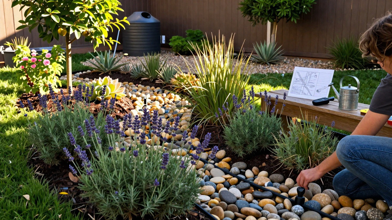 Pessoa a cuidar de um jardim com plantas, flores roxas e caminho decorado com pedras coloridas.