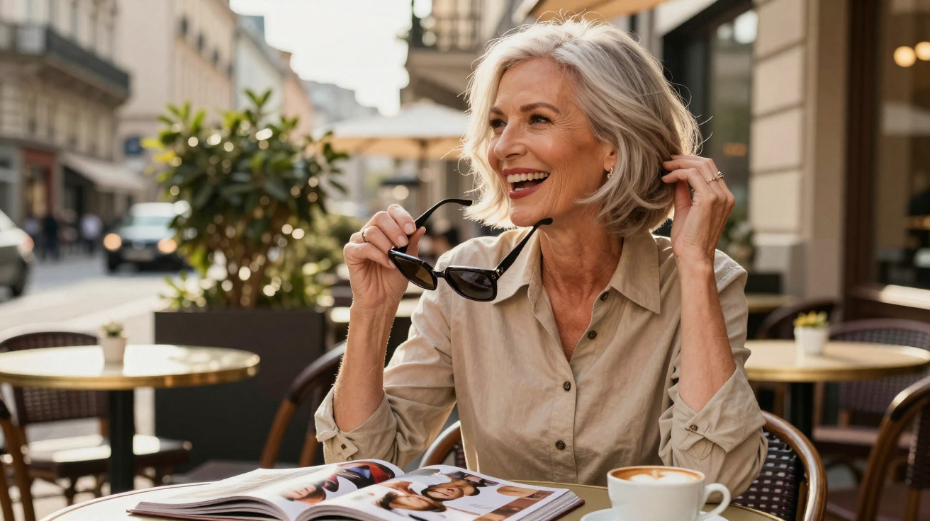 Mulher sorridente com cabelo cinza sentado ao ar livre numa esplanada, segurando óculos e lendo revista.