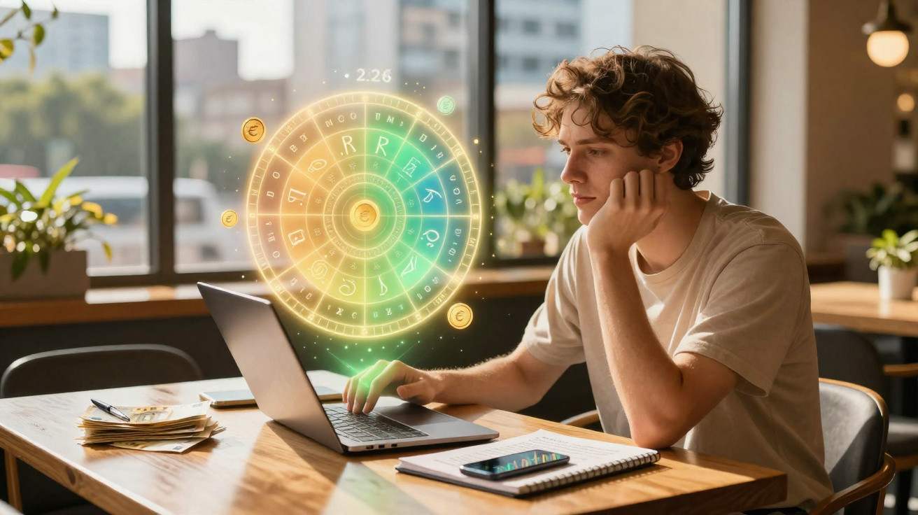 Jovem a usar computador portátil com gráficos digitais flutuantes e símbolos de finanças numa mesa iluminada.
