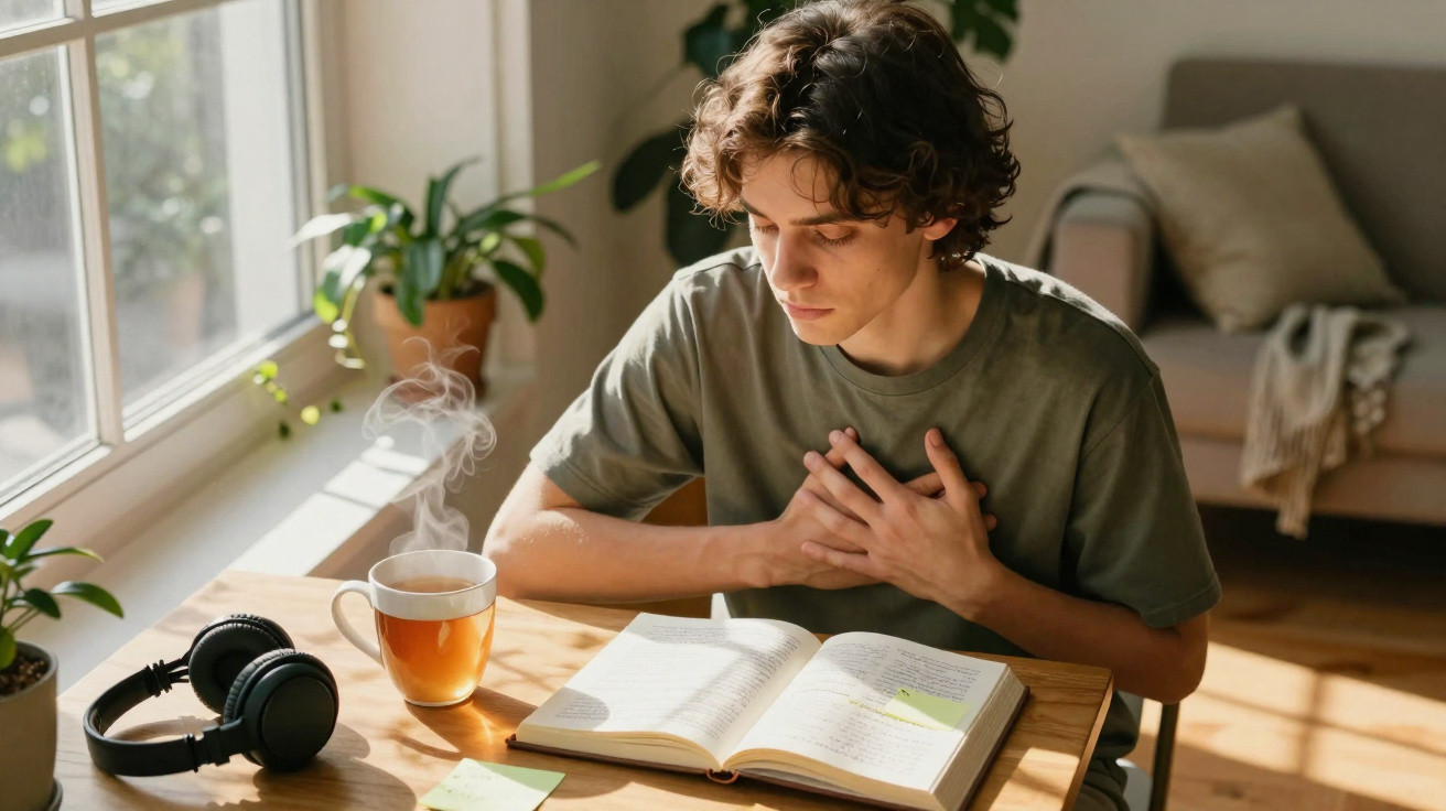 Jovem sentado a ler livro com expressão de desconforto no peito numa mesa com chá e auscultadores.
