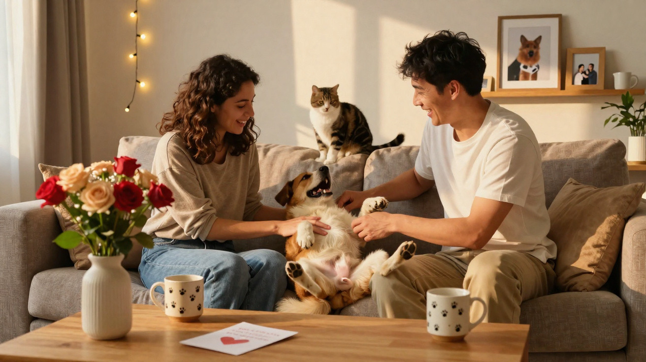 Casal sentado no sofá a brincar com o cão, com gato e flores numa sala iluminada e acolhedora.
