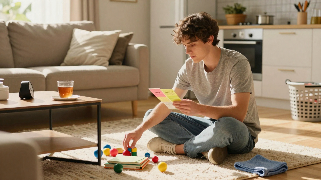 Homem sentado no chão de sala a ler notas coloridas rodeado de objetos e brinquedos infantis.