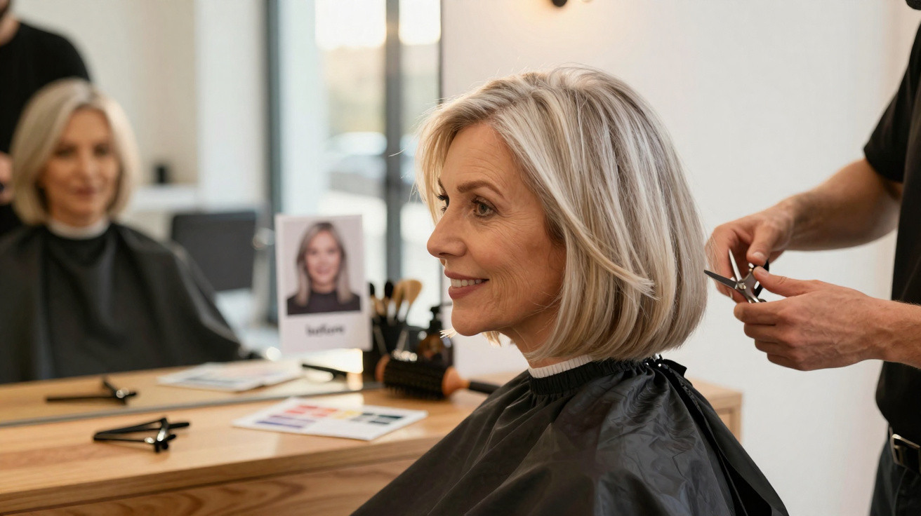 Mulher de cabelo curto e grisalho sentada no cabeleireiro enquanto o cabeleireiro corta o seu cabelo.