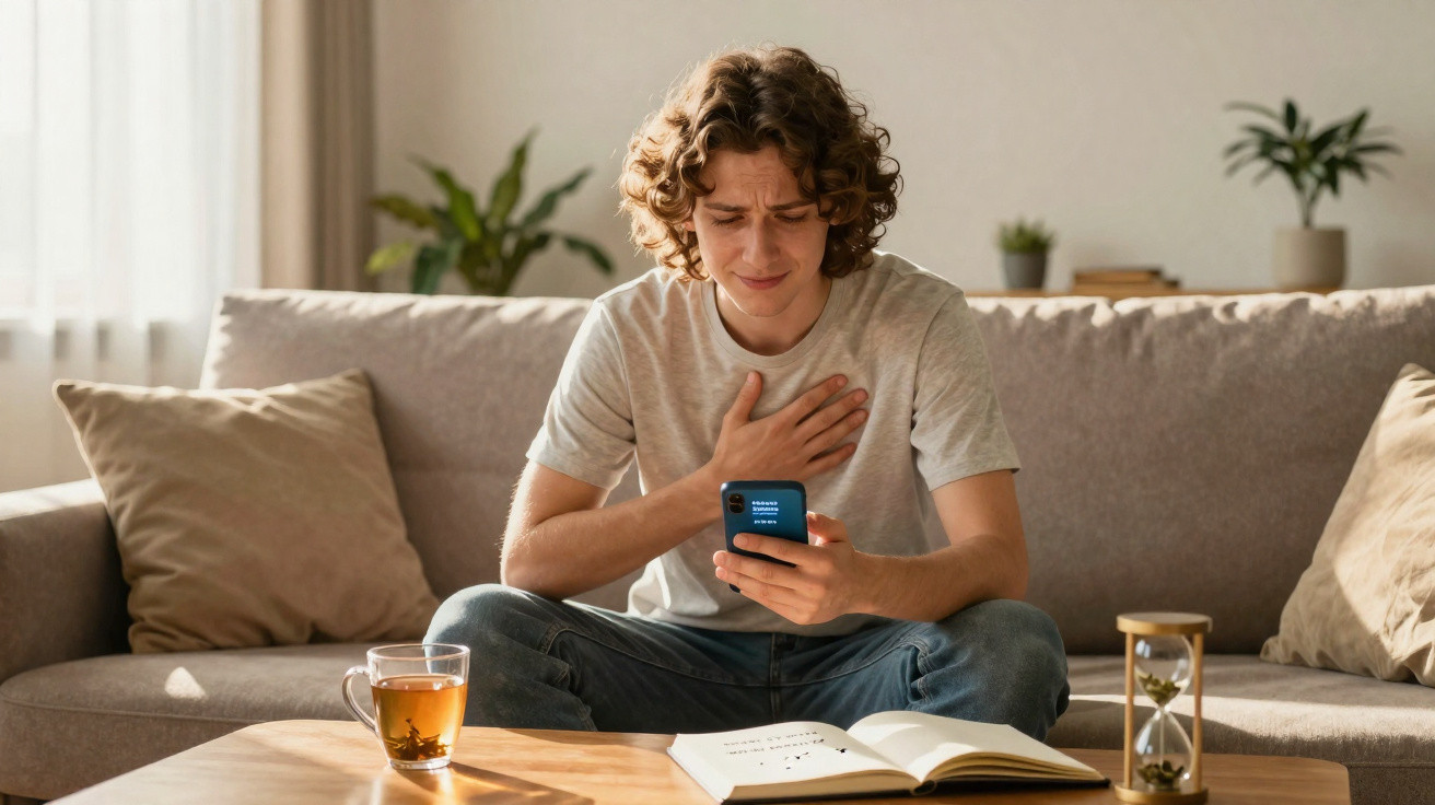 Jovem sentado no sofá com expressão preocupada, segurando telemóvel e mão no peito.