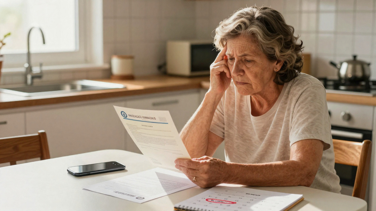 Mulher idosa preocupada a ler documentos sentada à mesa na cozinha com calendário e telemóvel.
