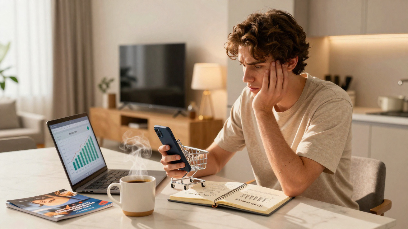 Jovem sentado a analisar gráficos no computador e no telemóvel, com caderno aberto e café fumegante à frente.