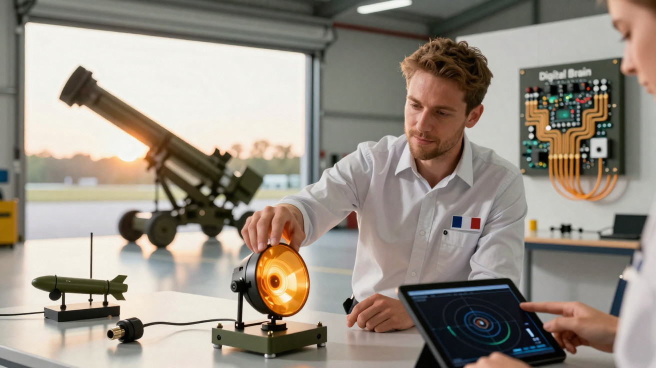 Homem a operar equipamento óptico num laboratório com dispositivos tecnológicos e ecrã tátil.