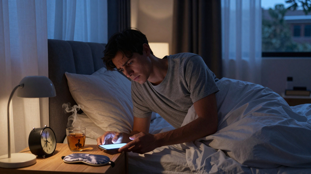 Homem deitado na cama a usar telemóvel, com chá, despertador e máscara de dormir na mesa de cabeceira nocturna.