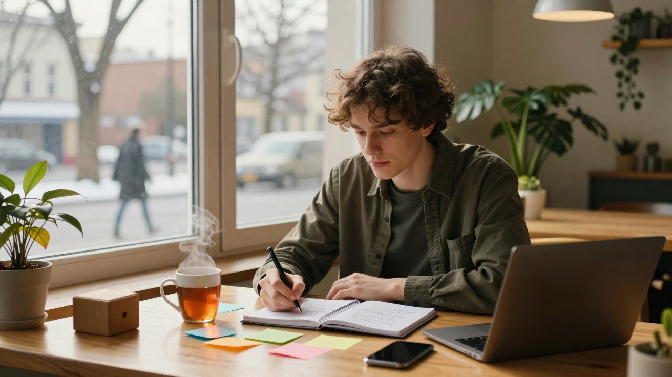 Jovem sentado junto à janela a escrever num caderno com chá quente, computador, telefone e plantas à sua volta.