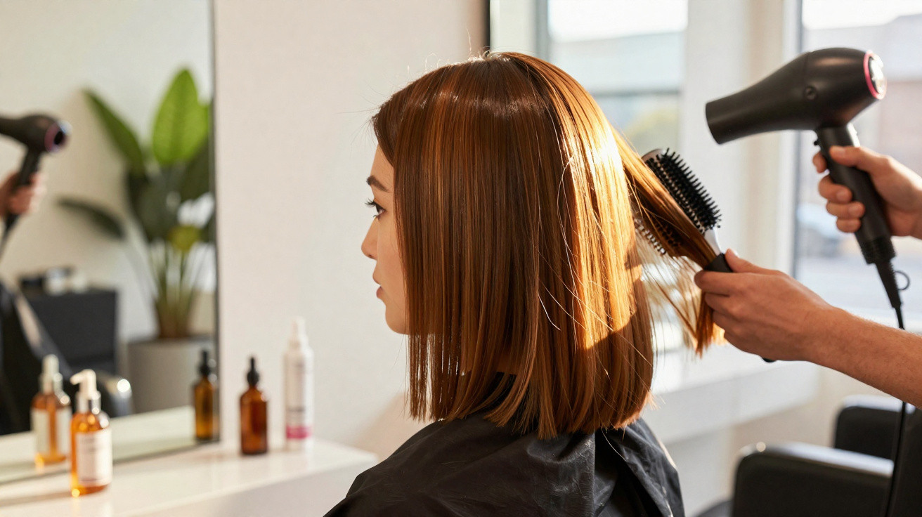 Mulher com cabelo castanho curto a ser secado com secador e escova num salão de cabeleireiro.