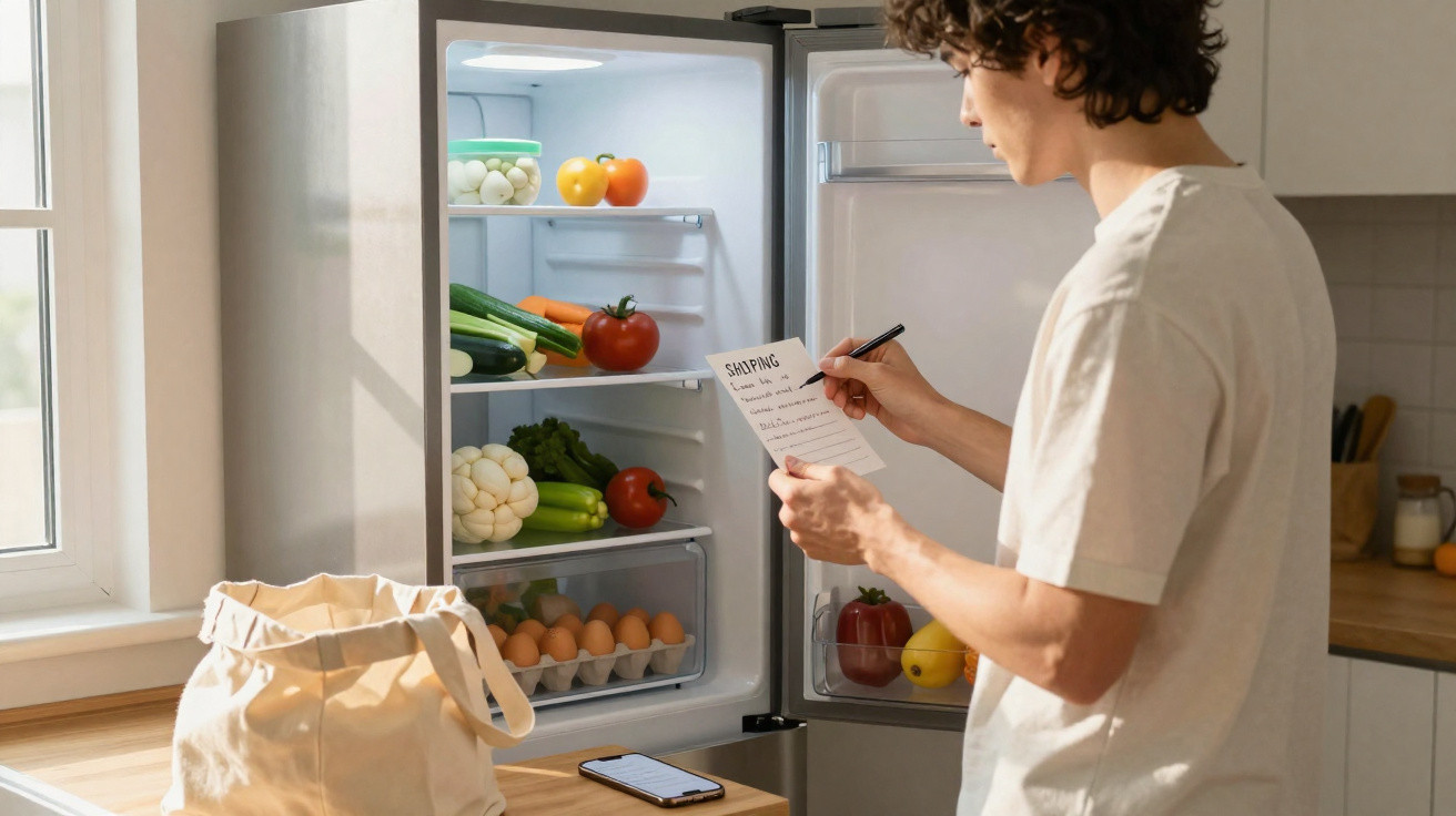 Pessoa a fazer lista de compras em frente ao frigorífico aberto com legumes e ovos na cozinha.
