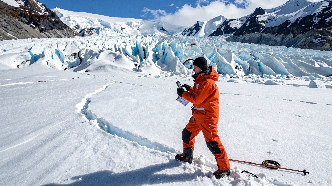 Pessoa de vermelho com equipamento de montanha numa geleira, rodeada por montanhas nevadas e céu azul.