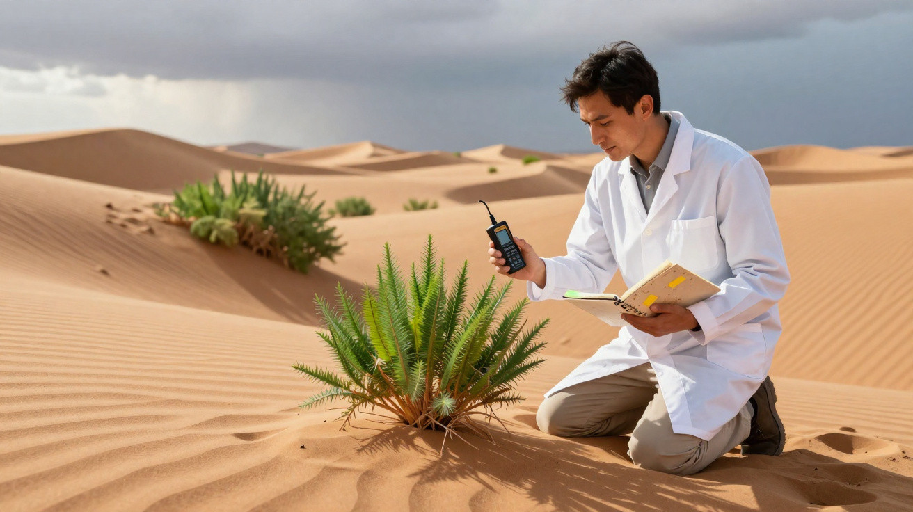 Cientista em bata branca estuda planta num deserto com dunas e céu nublado ao fundo.